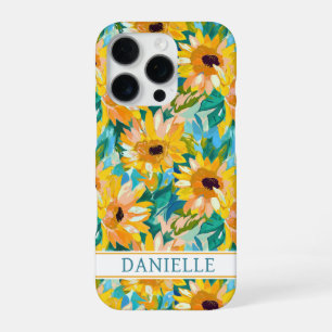 Funda Para iPhone 16 Pro Pintura de girasoles colorida con monograma
