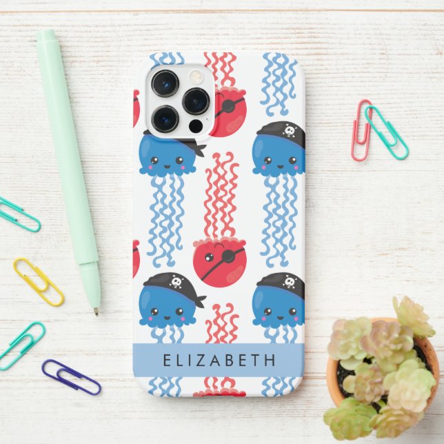 Funda Para iPhone Pirate Jellyfish, patrón de medusas, tu nombre (En el escritorio)