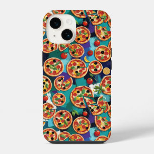 Funda Para iPhone 14 Pizza Pepperoni Abstracta En Fondo De Color Azul