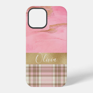 Funda Para iPhone 12 Pro Plaid Abstracto de Acuarela Rosa Dorado Nombre