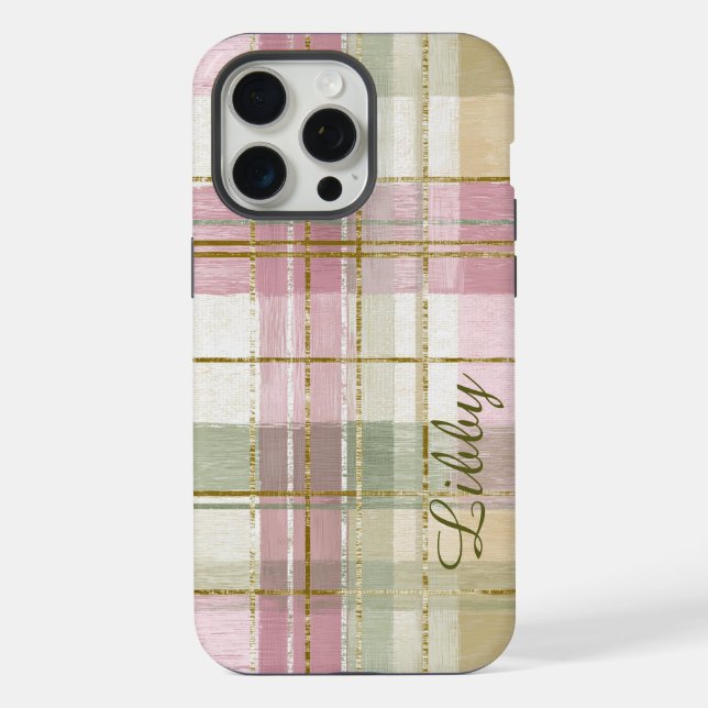Funda Para iPhone Plaid de moda rosa verde monograma (Reverso )