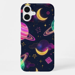 Funda Para iPhone 16 Plus Planetas de galaxia espacial azul y púrpura neón