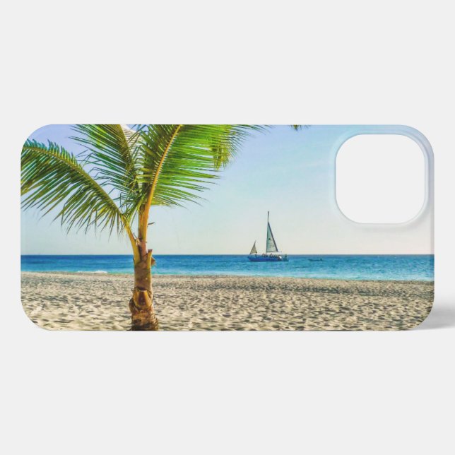 Funda Para iPhone Playas tropicales | Barco de vela, palmera, Aruba (Reverso Horizontal)