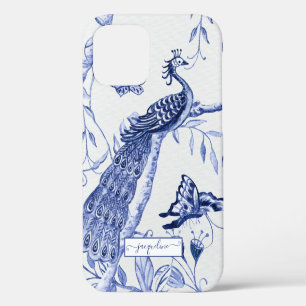 Funda Para iPhone 12 Pluma de pavo real vintage Chinoiserie azul y blan