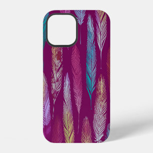 Funda Para iPhone 12 Plumas coloridas: patrón de fondo morado.