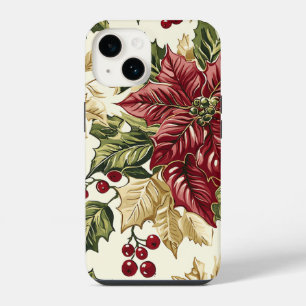 Funda Para iPhone 14 Poinsettia de Navidad de Champán Carmesí Acebo Nav