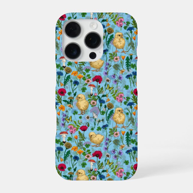 Funda Para iPhone Pollos y flores silvestres en azul bebé (Reverso)