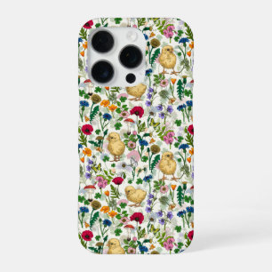 Funda Para iPhone 16 Pro Pollos y flores silvestres en blanco roto