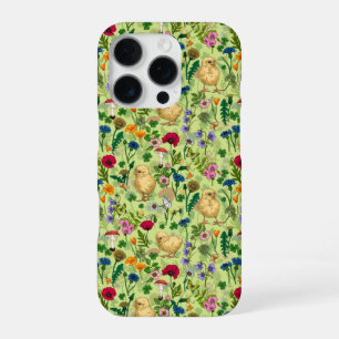 Funda Para iPhone 16 Pro Pollos y flores silvestres sobre verde miel