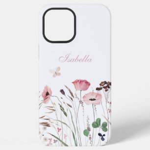 Funda Para iPhone 12 Pro Max Prado de amapola rosa acuarela nombre personalizad