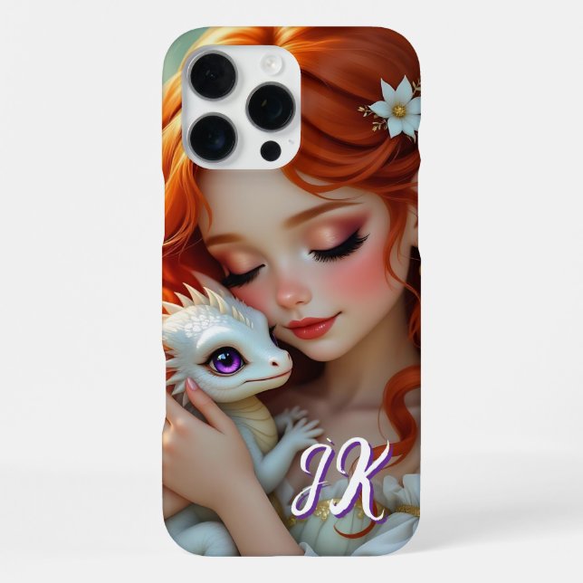Funda Para iPhone Pretty Red Haired Fairy with Dragon Monogrammed (Reverso )