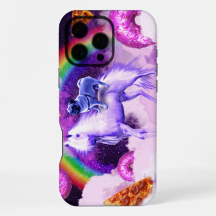 Funda Para iPhone 16 Pro Max Pug arcoíris en el espacio montando un unicornio