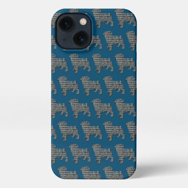 Funda Para iPhone Pug Dog Cute Silhouette Grid Blue (Reverso )