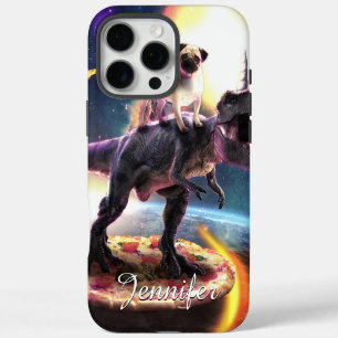 Funda Para iPhone 16 Pro Max Pug montando unicornio de dinosaurio en el espacio