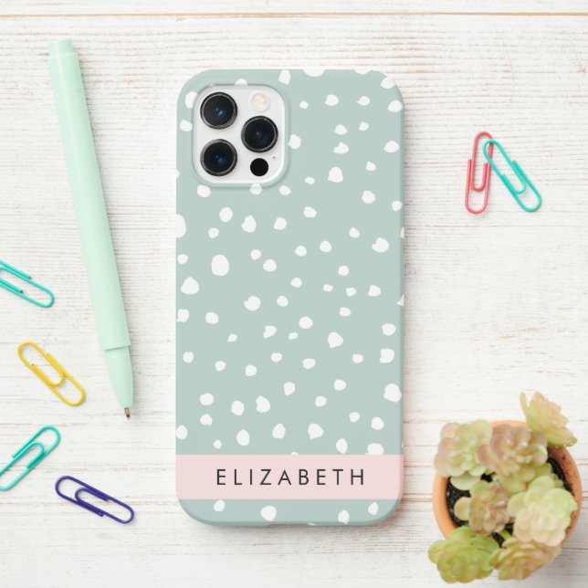 Funda Para iPhone Puntos Dalmacianos Verdes Mint, Puntos, Tu Nombre (En el escritorio)