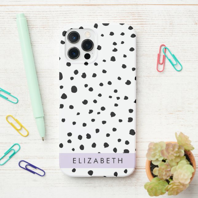 Funda Para iPhone Puntos dálmatas, puntos, negro y blanco, tu nombre (En el escritorio)