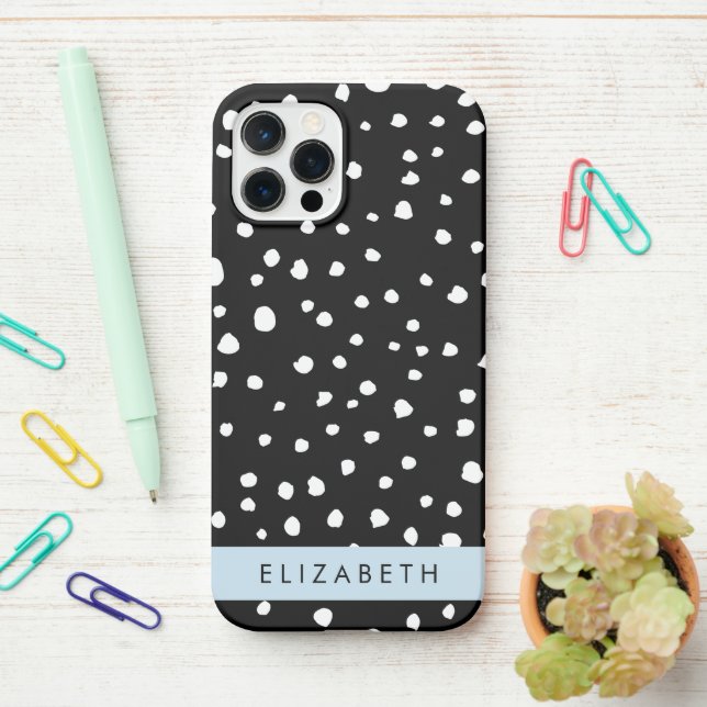 Funda Para iPhone Puntos dálmatas, puntos, negro y blanco, tu nombre (En el escritorio)
