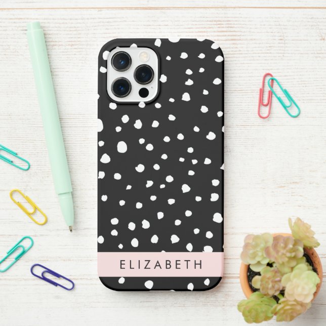 Funda Para iPhone Puntos dálmatas, puntos, negro y blanco, tu nombre (En el escritorio)
