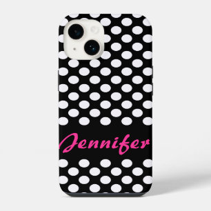 Funda Para iPhone 14 Puntos de lunares blancos y negros Nombre personal