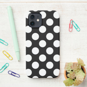 Funda Para iPhone 12 Puntos de polka negros y blancos, patrón de punto 