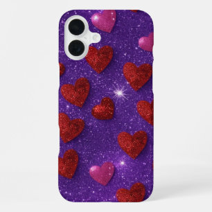 FUNDA PARA iPhone 16 PLUS PURPLE CON CORAZONES ROJOS Y PURPURINAS ROJOS