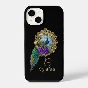 Funda Para iPhone 14 Púrpura Vintage elegante y pavo real enmarcado ver