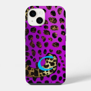 Funda Para iPhone 14 Purpurada con Monograma Glitter Leopardo Guepardo
