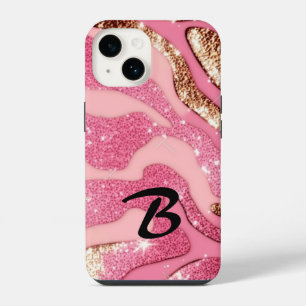 Funda Para iPhone 14 Purpurina animal monogramado de Agate de Oro Rosa