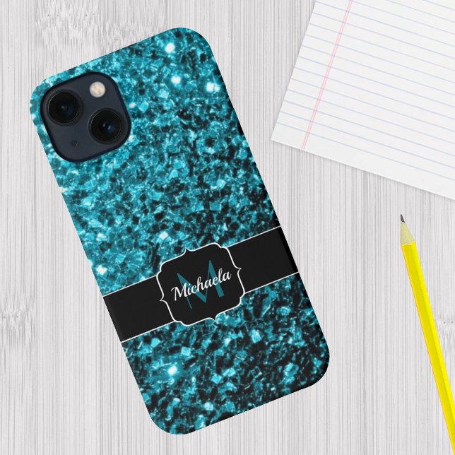 Funda Para iPhone Purpurina azul turquesa azul Aqua chispas Monogram (Subido por el creador)