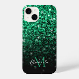 Funda Para iPhone 14 Purpurina de imitación verde oscuro chispa Monogra