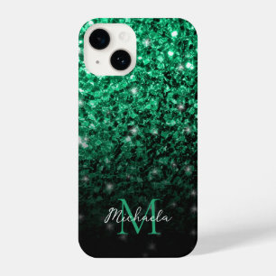 Funda Para iPhone 14 Purpurina de imitación verde oscuro chispa Monogra