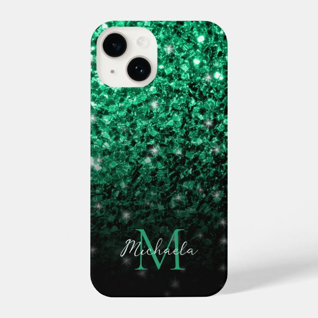 Funda Para iPhone Purpurina de imitación verde oscuro chispa Monogra (Reverso )