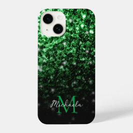 Funda Para iPhone 14 Purpurina de imitación verde oscuro chispa Monogra