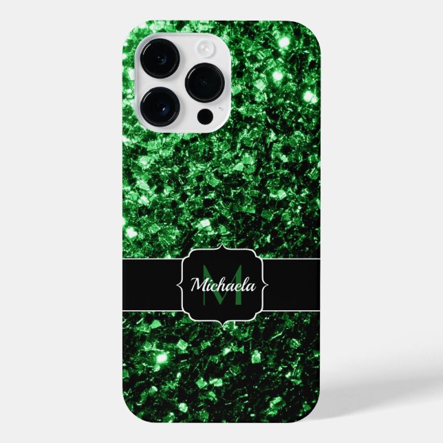Funda Para iPhone Purpurina de imitación verde oscuro chispa Monogra (Reverso)