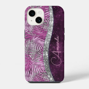 Funda Para iPhone 14 Purpurina de plata morada de color rosa brillante