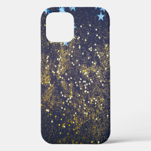 Funda Para iPhone 12 Purpurina dorada y estrellas azules brillantes sob