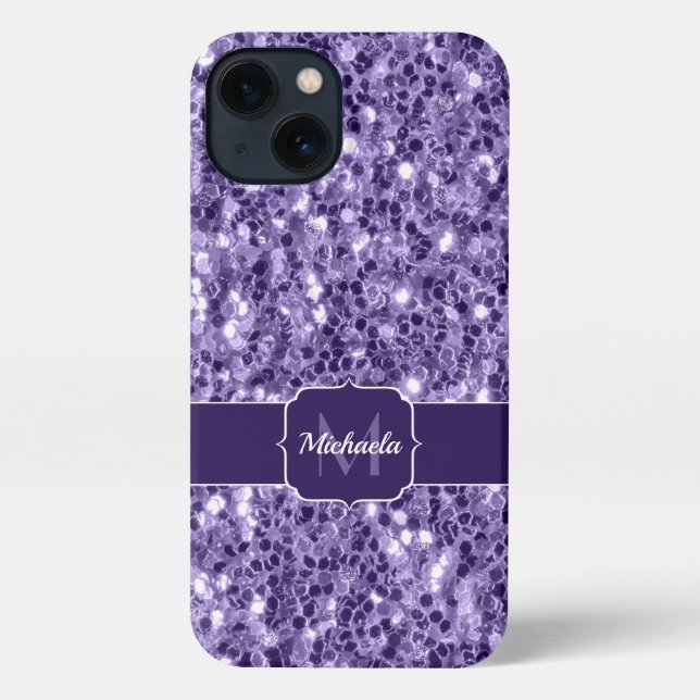 Funda Para iPhone Purpurina morado ultravioleta chispa Monograma (Reverso )