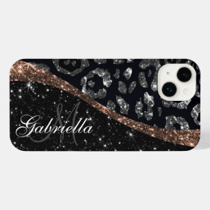 Funda Para iPhone 14 Plus Purpurina negro e impresión de leopardo