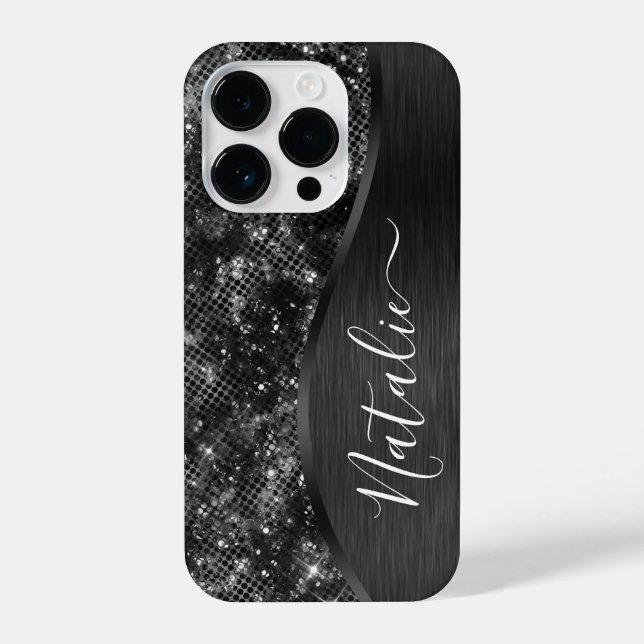Funda Para iPhone Purpurina negro metálico personalizado (Reverso )
