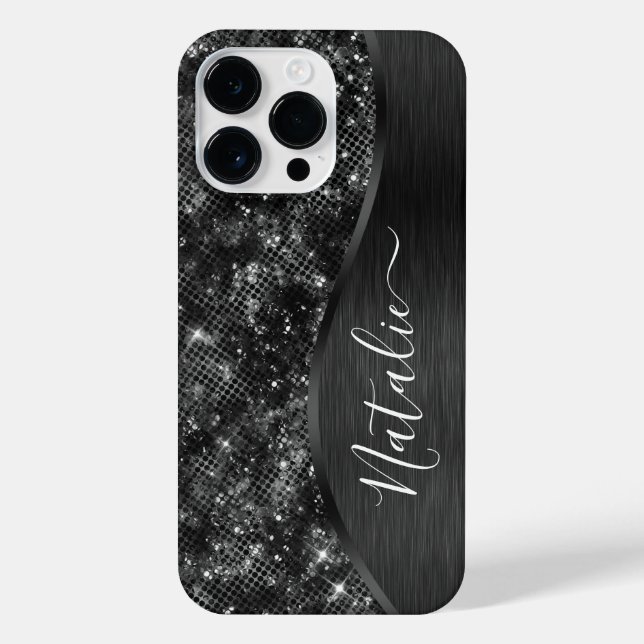 Funda Para iPhone Purpurina negro metálico personalizado (Reverso)