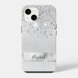 Funda Para iPhone 14 Purpurina plateado destellante guión de nombre ele