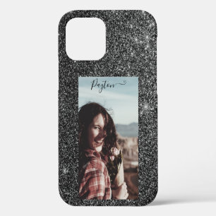 Funda Para iPhone 12 Purpurina plateado Fondo Nombre personalizado Foto