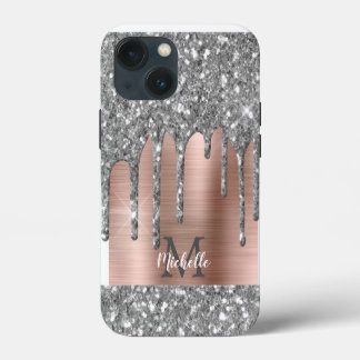 Funda Para iPhone 13 Mini Purpurina plateado goteo Rosa Monograma metálico d