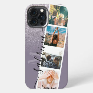 Funda Para iPhone 13 Pro Max Purpurina púrpura 4 monograma de nombre de collage