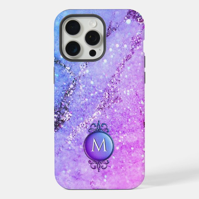 Funda Para iPhone Purpurina Púrpura Pastel y Joya Monogramada (Reverso )