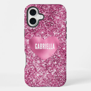 Funda Para iPhone 16 Plus Purpurina rosa bonito Glam Heart