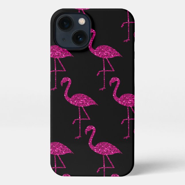 Funda Para iPhone Purpurina rosa de flamenco brillante patrón negro (Reverso )