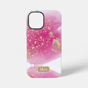 Funda Para iPhone 12 Mini Purpurina rosa, mariposa y nombre personalizado