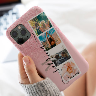 Funda Para iPhone 13 Pro Max Purpurina rosado 4 monograma de nombre de collage