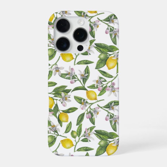 Funda Para iPhone Ramas de limón con flores y fruta en blanco (Reverso)